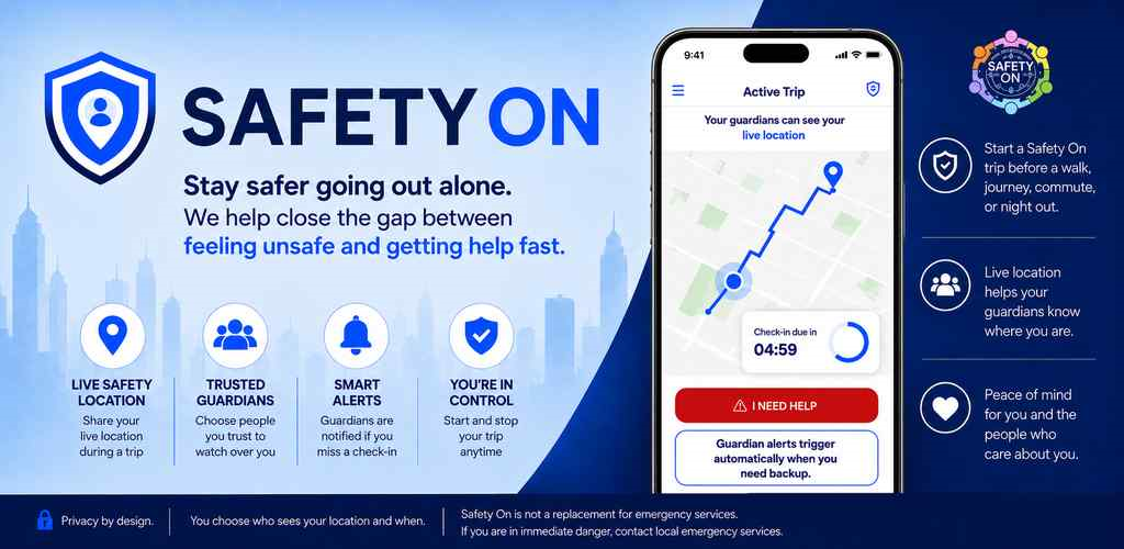 Safety On caracteristică grafică care arată locația în timp real de siguranță, contacte de încredere de încredere, alerte inteligente și controlul călătoriei.