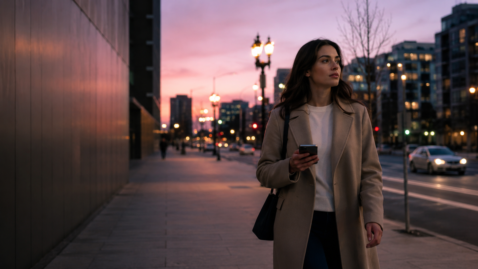 Femeie care merge singură la amurg ținând telefonul pe o stradă a orașului